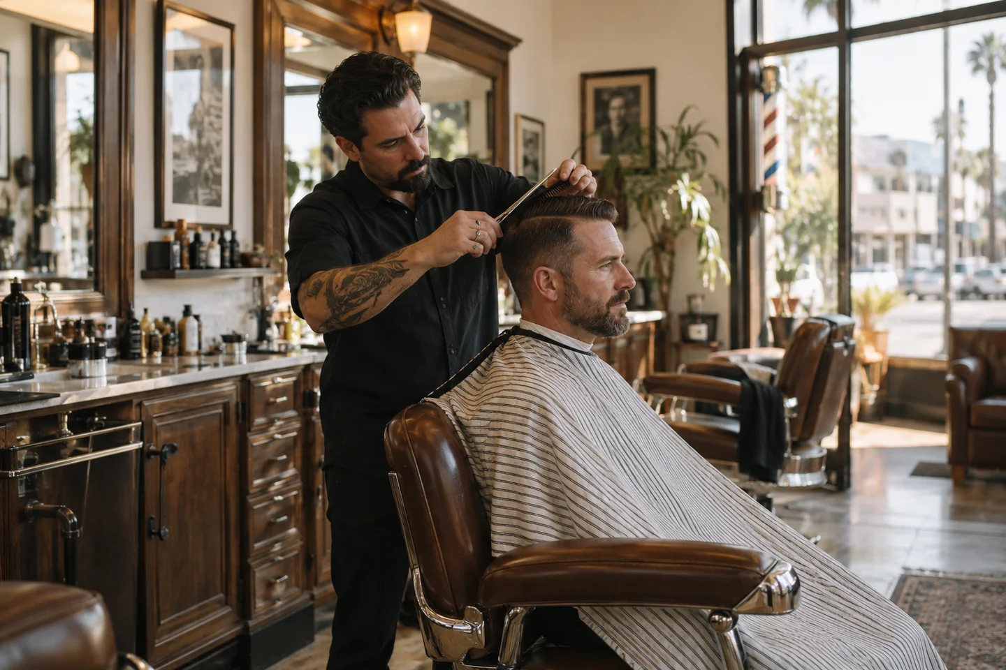 A barber shaping a client’s haircut in a neighborhood barbershop