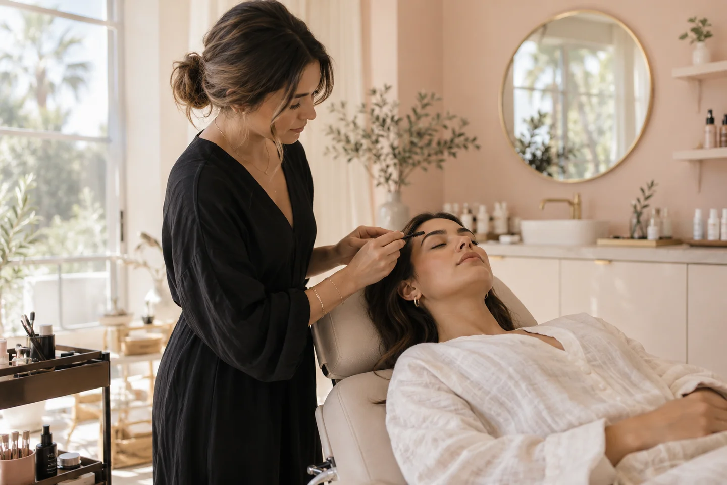 A brow artist grooming a client’s eyebrow
