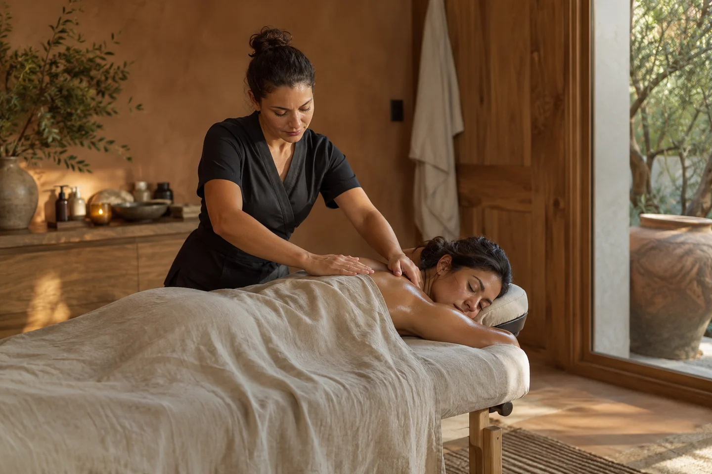 A massage therapist working in a warm, quiet treatment room