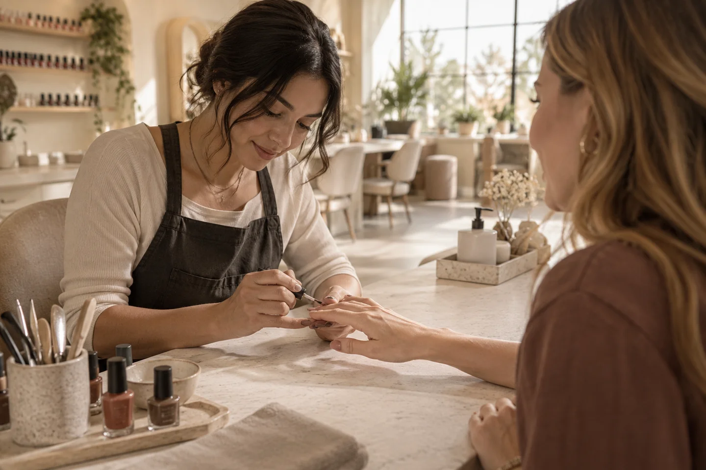 Illustrative scene of a nail technician with a client