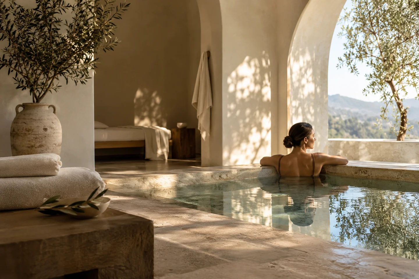 Illustrative Southern California spa interior with warm natural light
