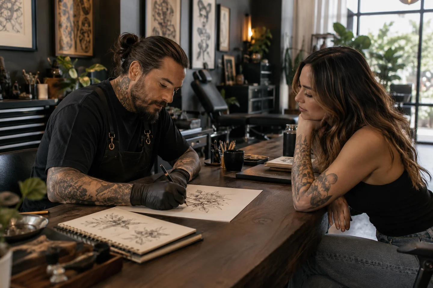 A tattoo artist and client discussing a design at a workbench